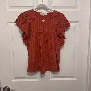 Loft Burnt Orange Eyelet Ruffled Sleeves Blouse- 25% Off Two or More Items